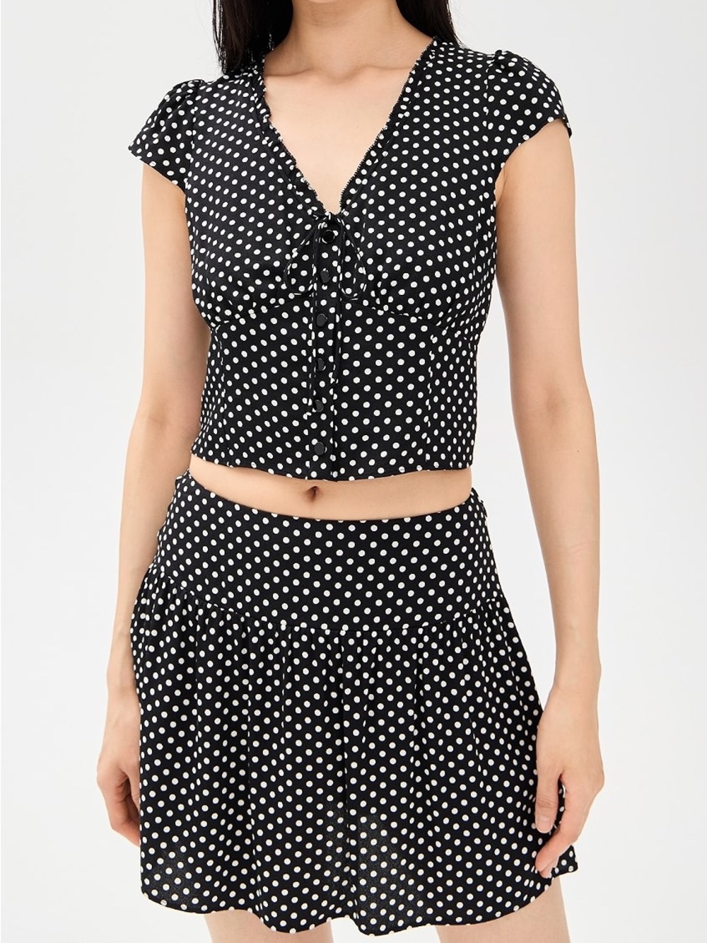 NWT Reformation Dorothea Short Sleeve Mini Skirt Set Caviar Dot Polka Black
